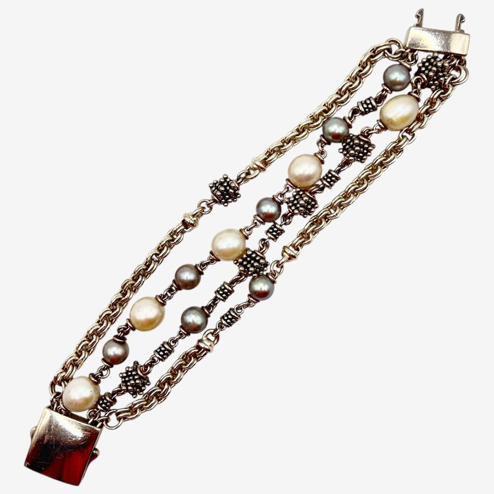 MICHAEL DAWKINS 7.5” 925 Sterling Silver Four Strand Gray & White Pearl Bracelet
